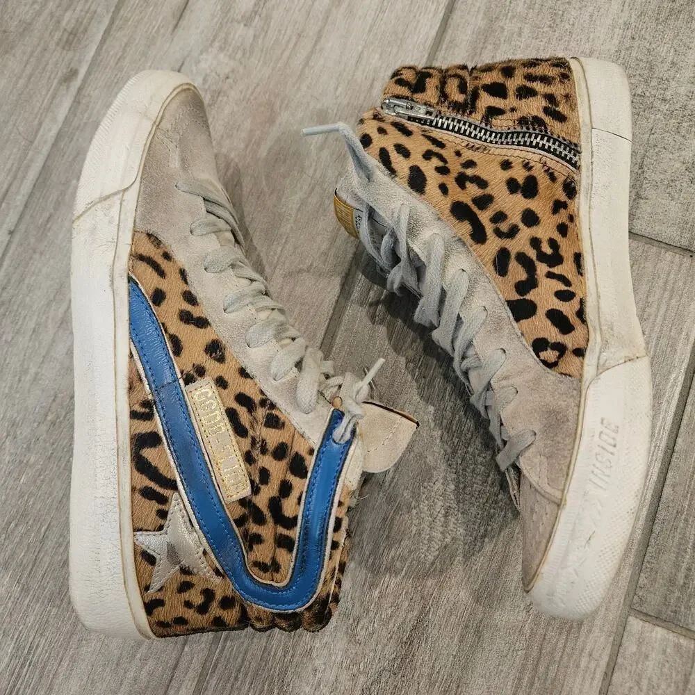Golden Goose Slide High Top Sneakers Womens Size 37 US 6.5 Leopard Calf Hair - Picture 5 of 16